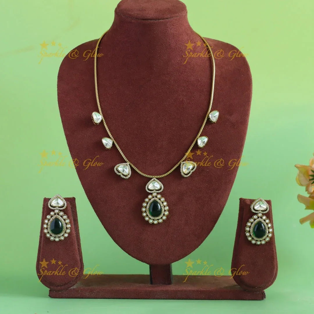 Gracious Kundan Heart design Victorian AD Floral pendant short necklace - Sparkle and Glow