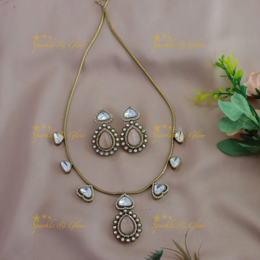 Gracious Kundan Heart design Victorian AD Floral pendant short necklace - Sparkle and Glow