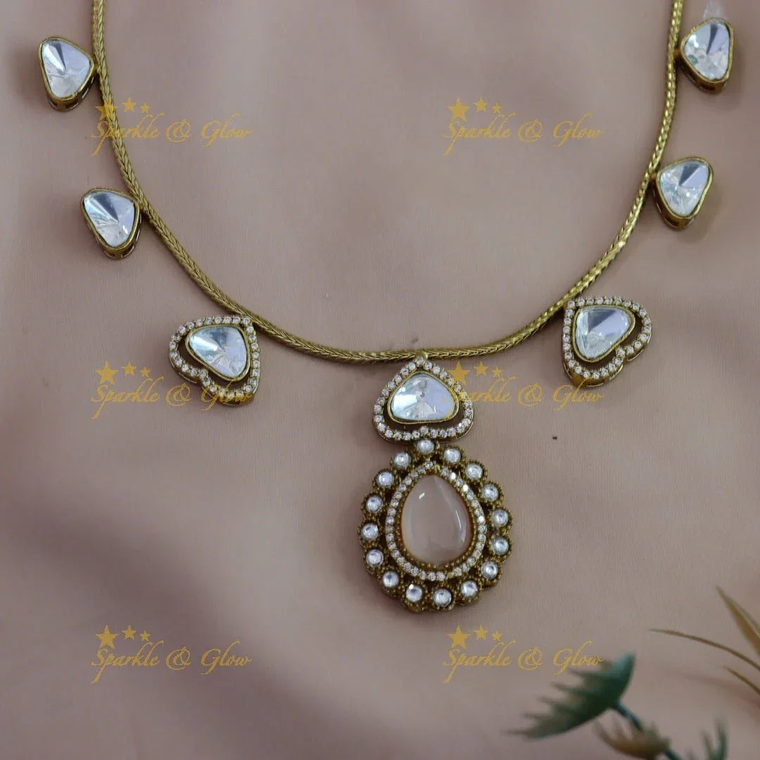 Gracious Kundan Heart design Victorian AD Floral pendant short necklace - Sparkle and Glow
