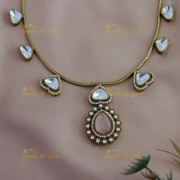 Gracious Kundan Heart design Victorian AD Floral pendant short necklace - Sparkle and Glow