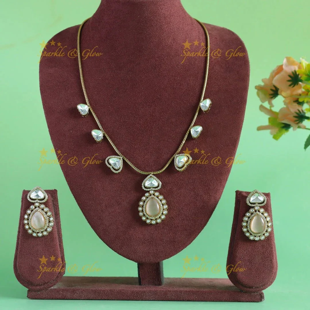 Gracious Kundan Heart design Victorian AD Floral pendant short necklace - Sparkle and Glow