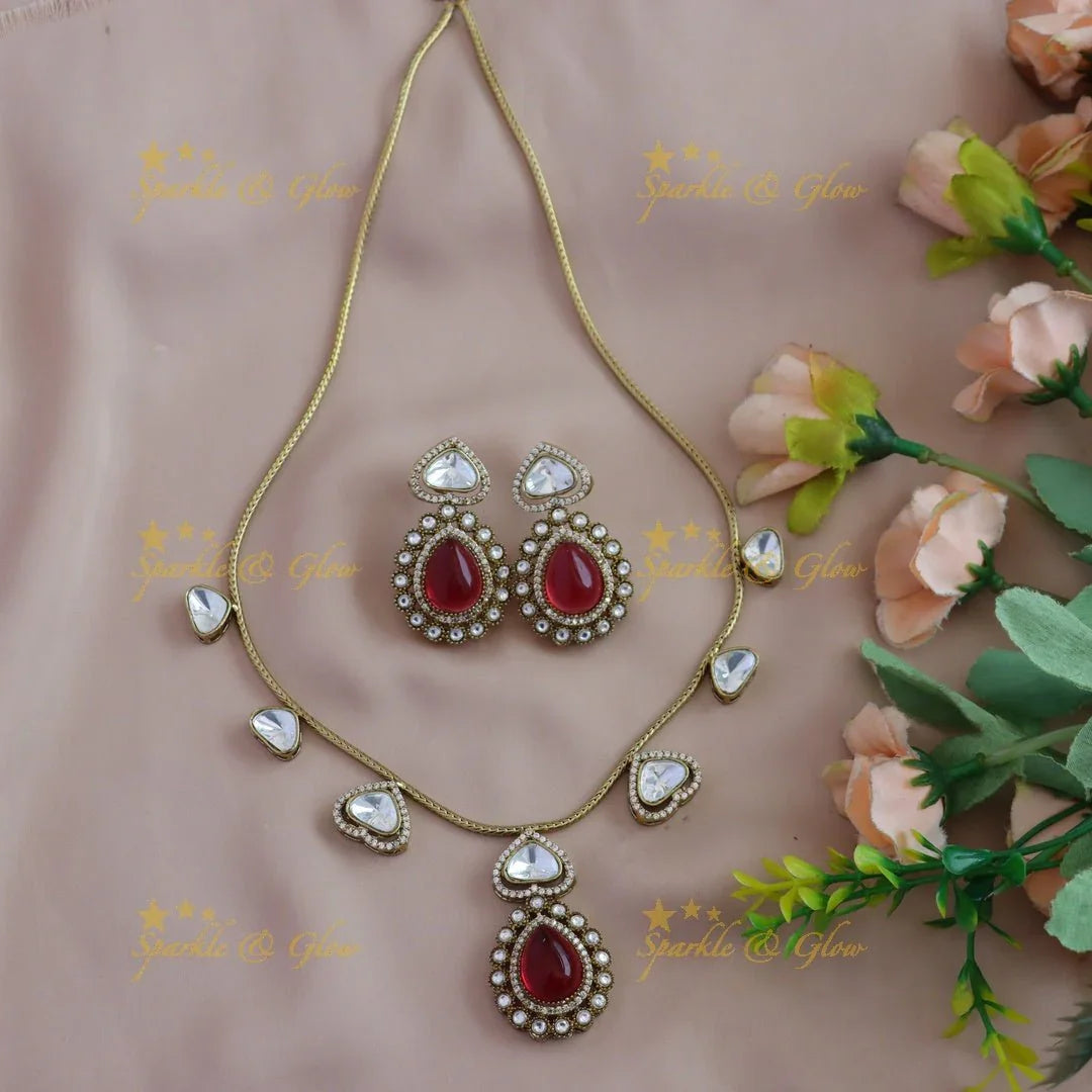 Gracious Kundan Heart design Victorian AD Floral pendant short necklace - Sparkle and Glow