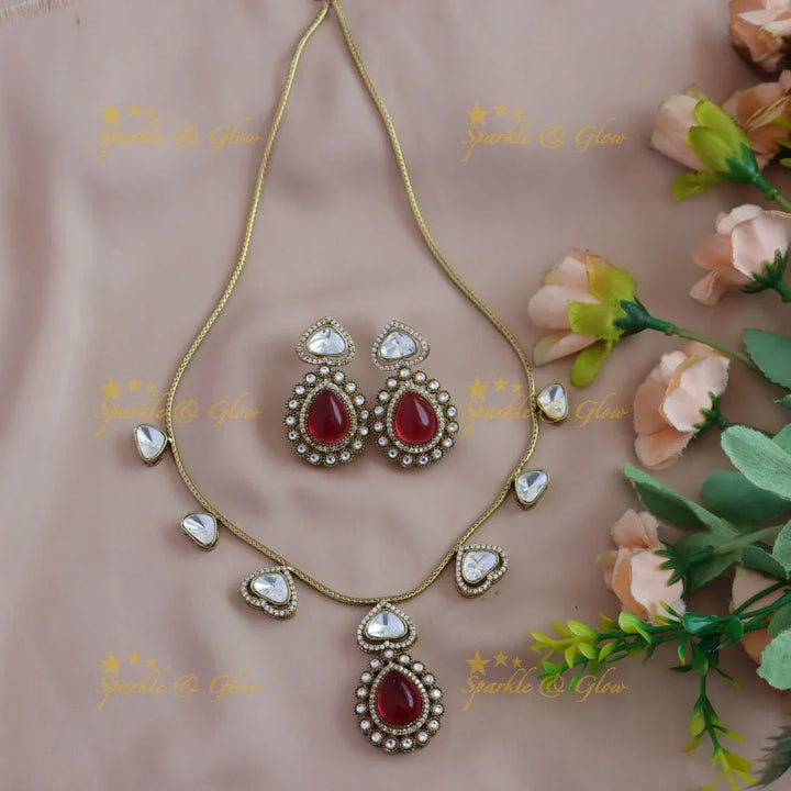Gracious Kundan Heart design Victorian AD Floral pendant short necklace - Sparkle and Glow
