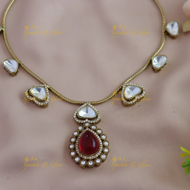 Gracious Kundan Heart design Victorian AD Floral pendant short necklace - Sparkle and Glow