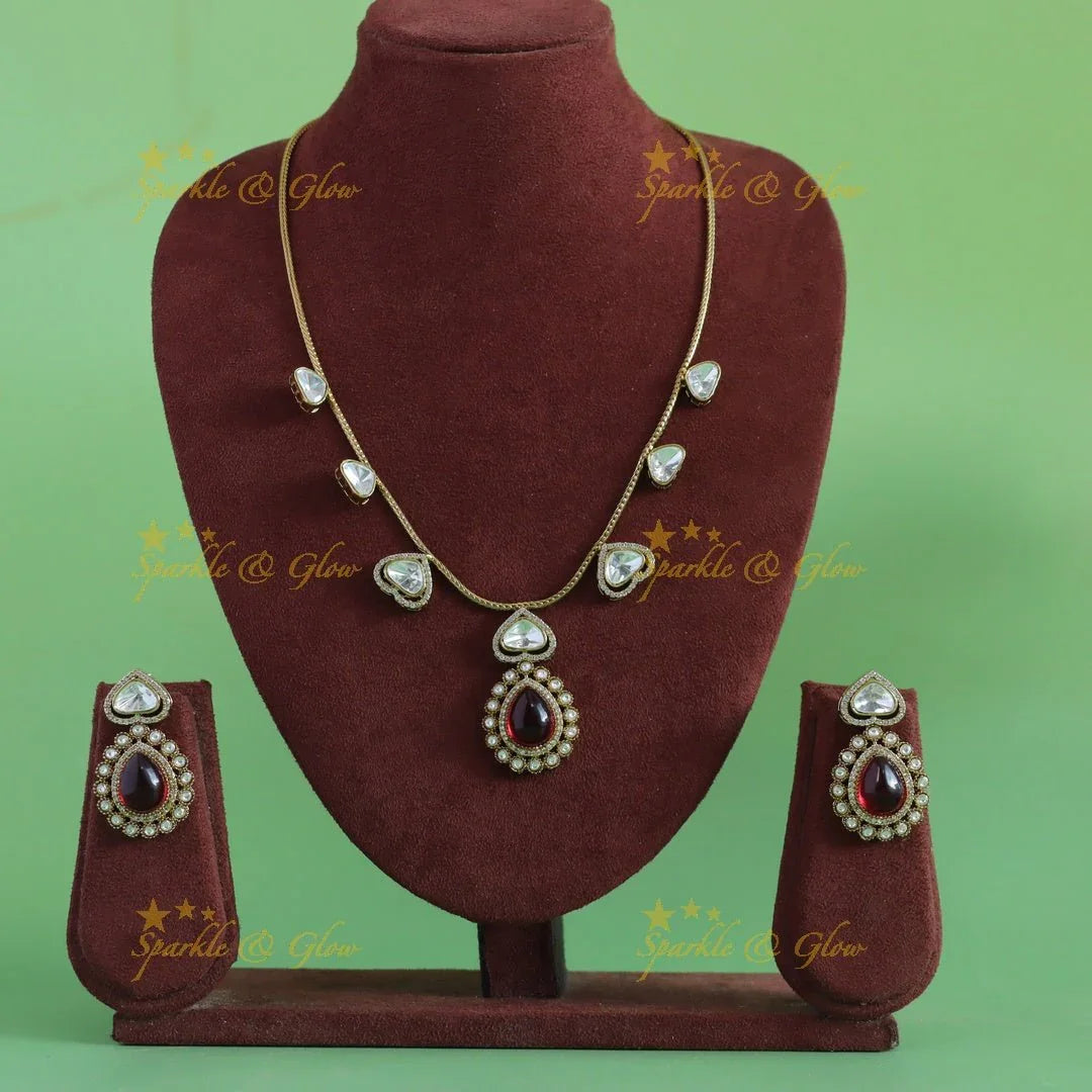 Gracious Kundan Heart design Victorian AD Floral pendant short necklace - Sparkle and Glow