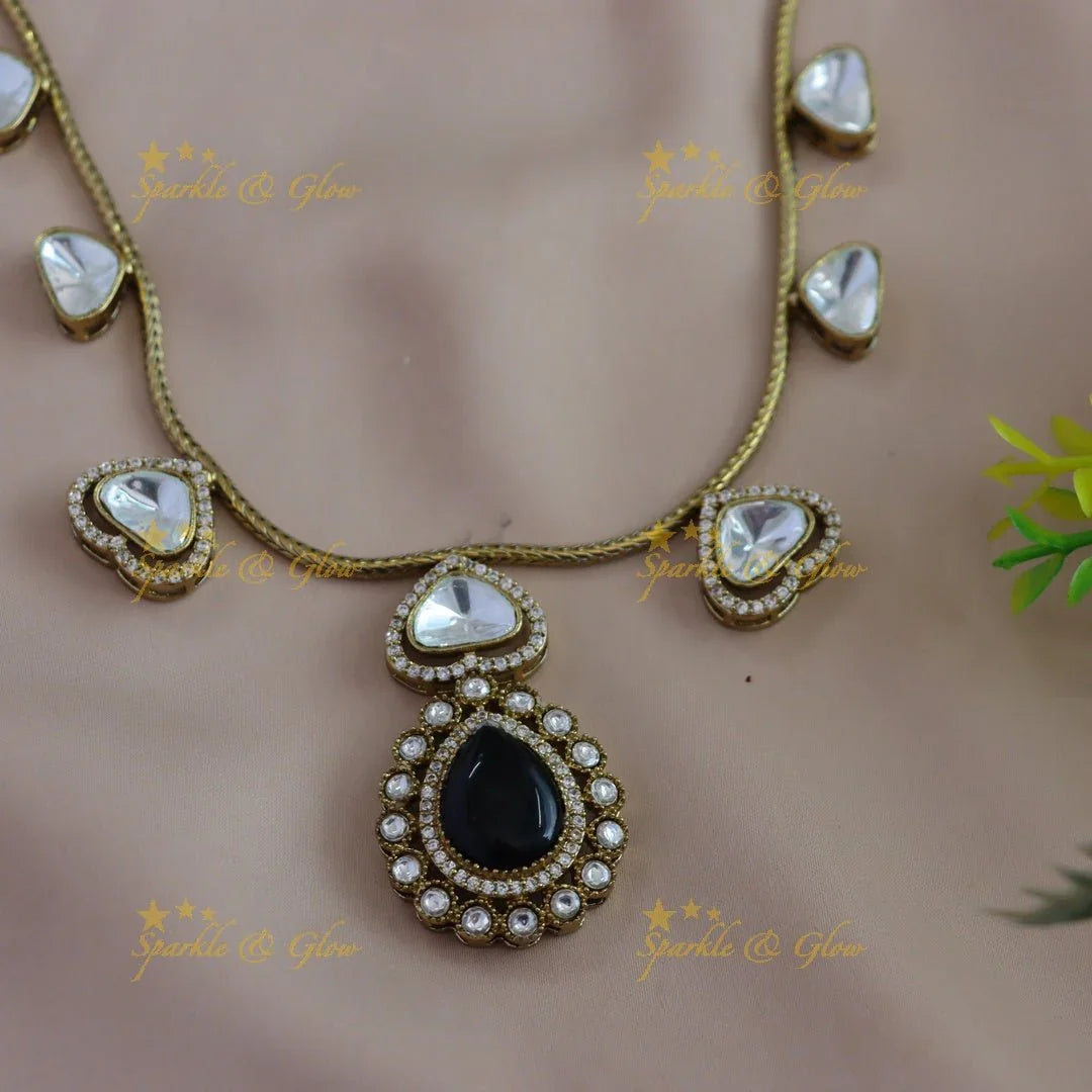 Gracious Kundan Heart design Victorian AD Floral pendant short necklace - Sparkle and Glow
