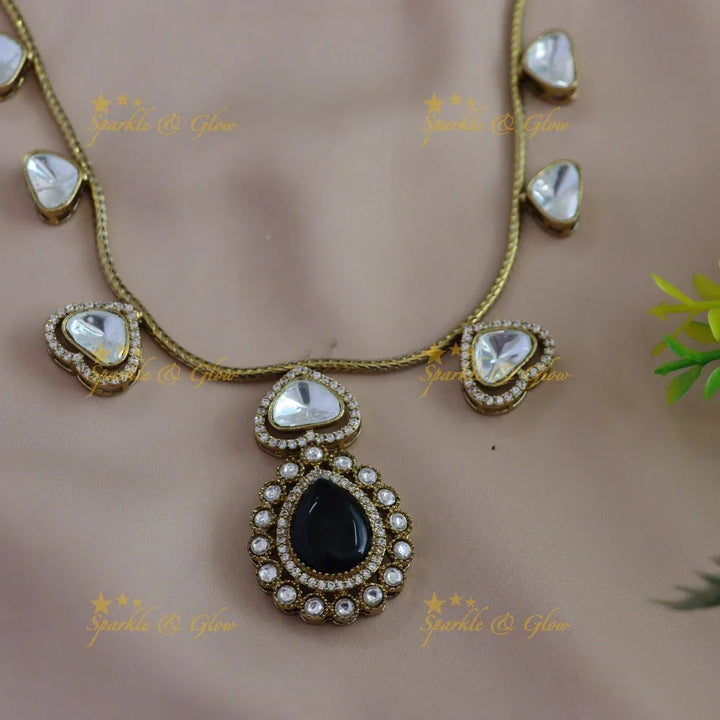 Gracious Kundan Heart design Victorian AD Floral pendant short necklace - Sparkle and Glow