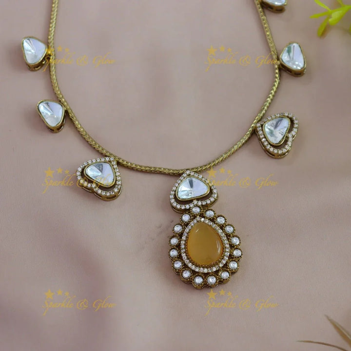 Gracious Kundan Heart design Victorian AD Floral pendant short necklace - Sparkle and Glow