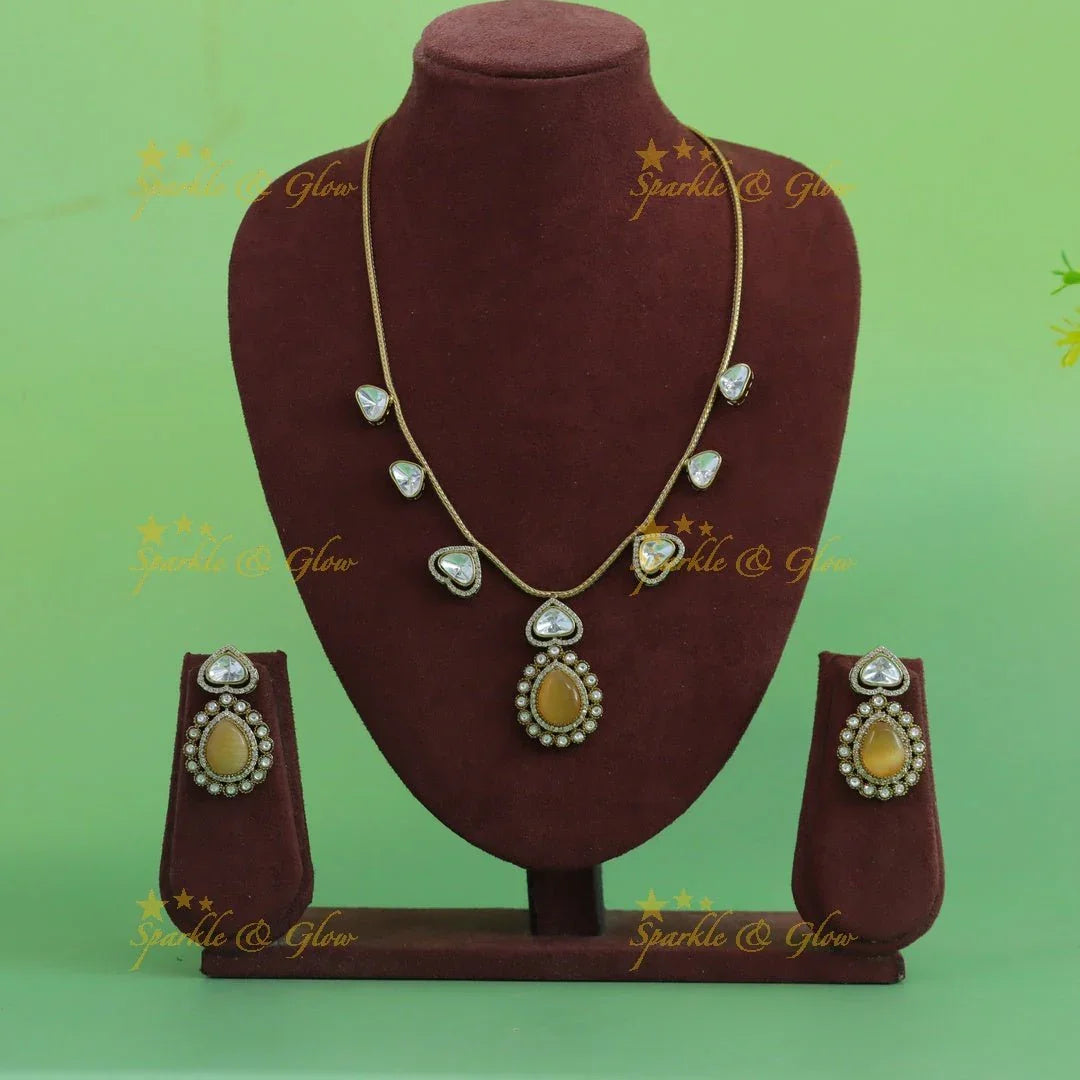 Gracious Kundan Heart design Victorian AD Floral pendant short necklace - Sparkle and Glow