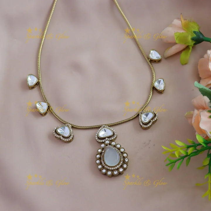 Gracious Kundan Heart design Victorian AD Floral pendant short necklace - Sparkle and Glow