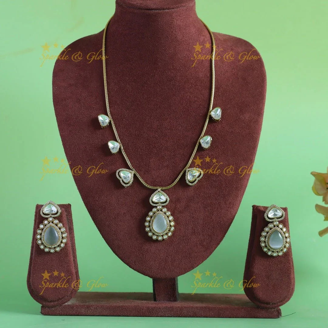 Gracious Kundan Heart design Victorian AD Floral pendant short necklace - Sparkle and Glow