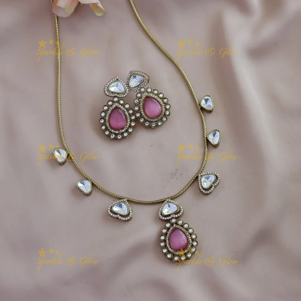 Gracious Kundan Heart design Victorian AD Floral pendant short necklace - Sparkle and Glow