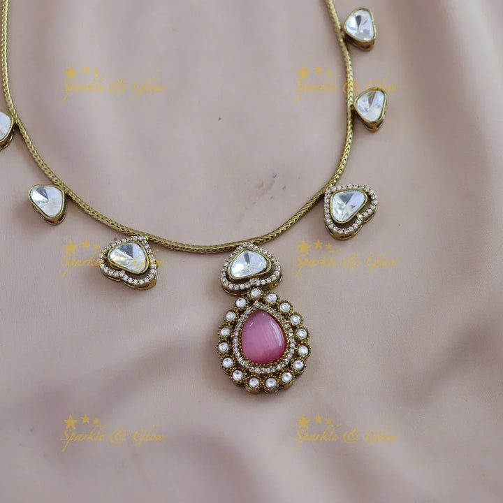 Gracious Kundan Heart design Victorian AD Floral pendant short necklace - Sparkle and Glow