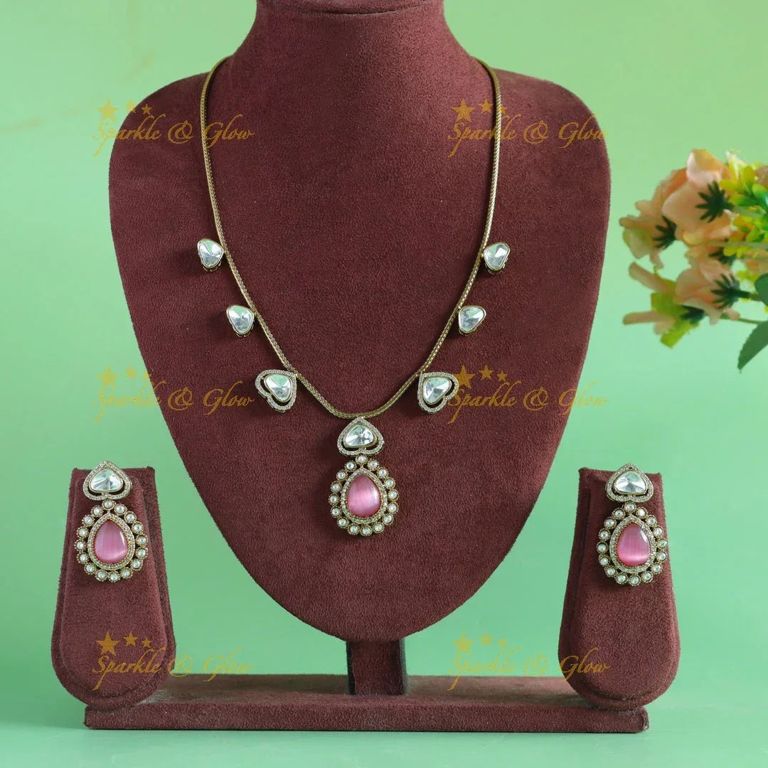Gracious Kundan Heart design Victorian AD Floral pendant short necklace - Sparkle and Glow