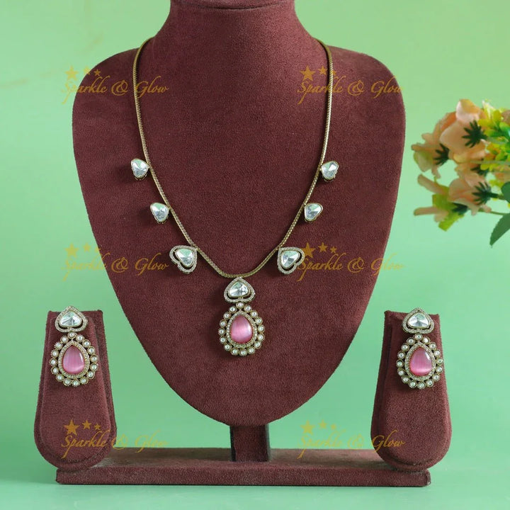 Gracious Kundan Heart design Victorian AD Floral pendant short necklace - Sparkle and Glow