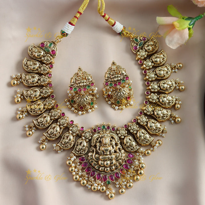 Beautiful Lakshmi carved mango short necklace with ruby stones mint green beads - red mint green