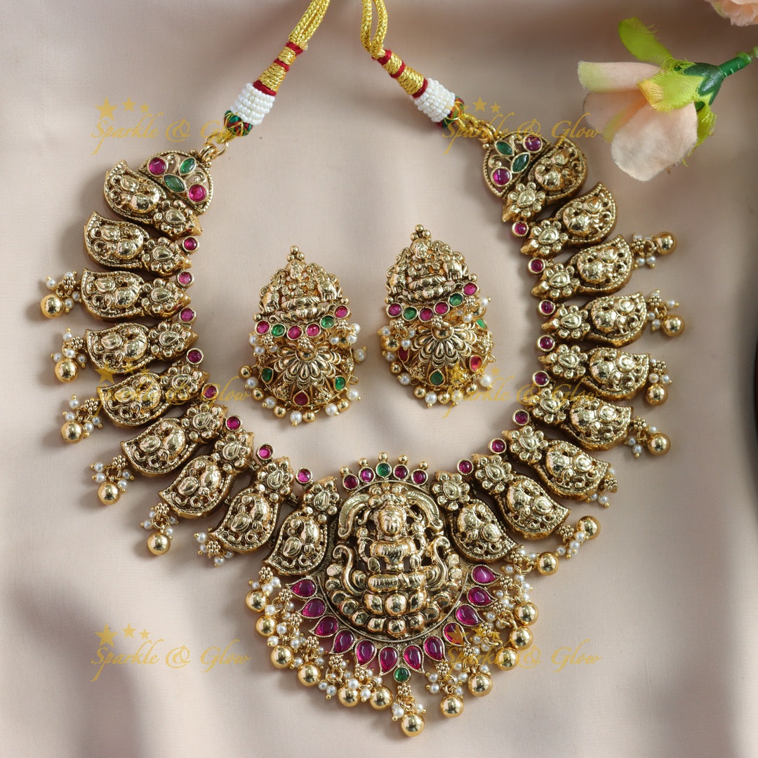 Beautiful Lakshmi carved mango short necklace with ruby stones mint green beads - red mint green