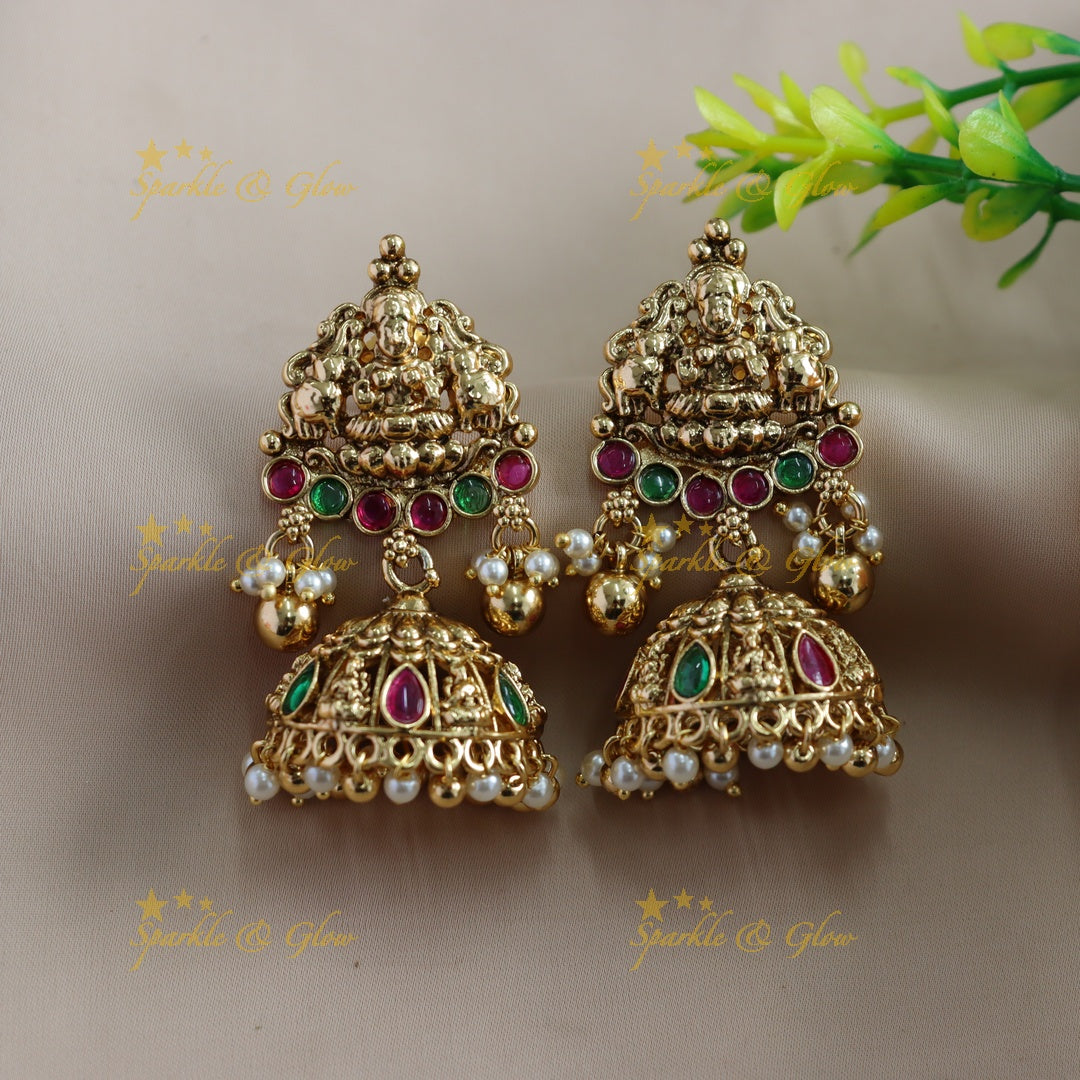 Beautiful Lakshmi carved mango short necklace with ruby stones gold beads - red gold