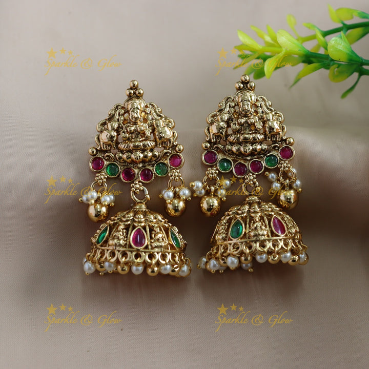 Beautiful Lakshmi carved mango short necklace with ruby stones gold beads - red gold