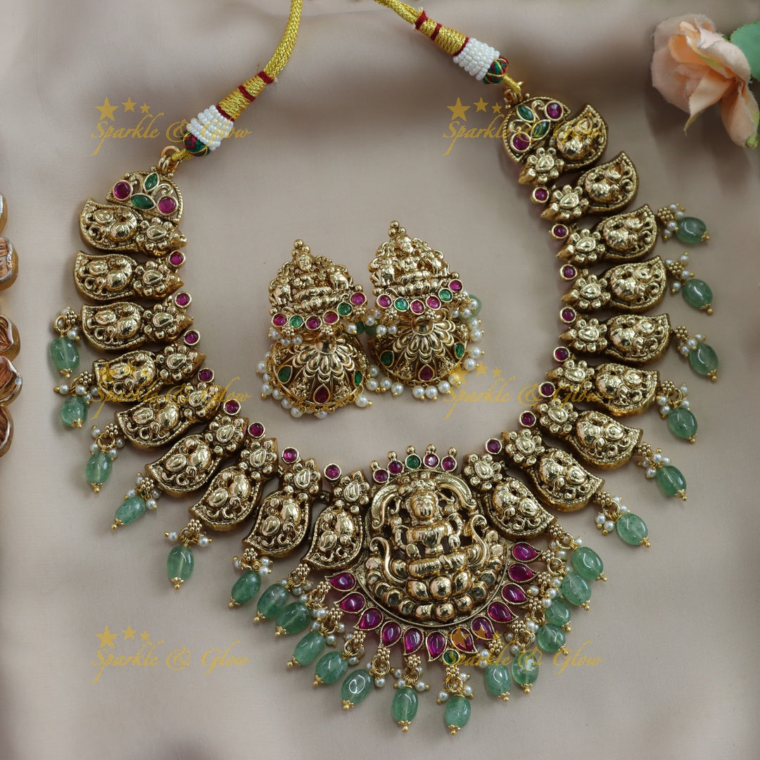Beautiful Lakshmi carved mango short necklace with ruby stones mint green beads - red mint green