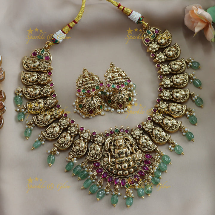 Beautiful Lakshmi carved mango short necklace with ruby stones mint green beads - red mint green
