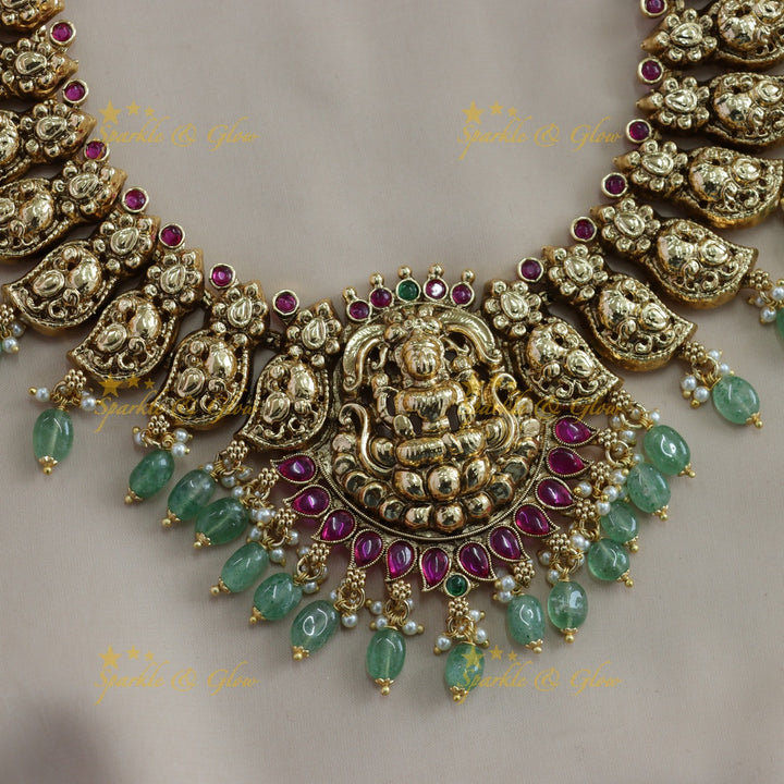Beautiful Lakshmi carved mango short necklace with ruby stones mint green beads - red mint green