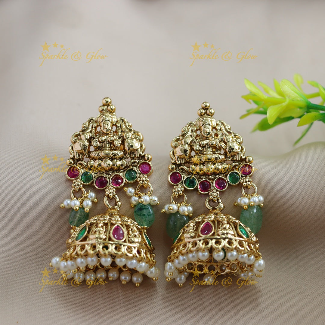 Beautiful Lakshmi carved mango short necklace with ruby stones mint green beads - red mint green