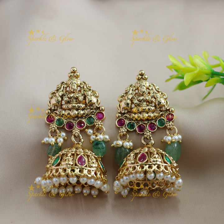 Beautiful Lakshmi carved mango short necklace with ruby stones mint green beads - red mint green