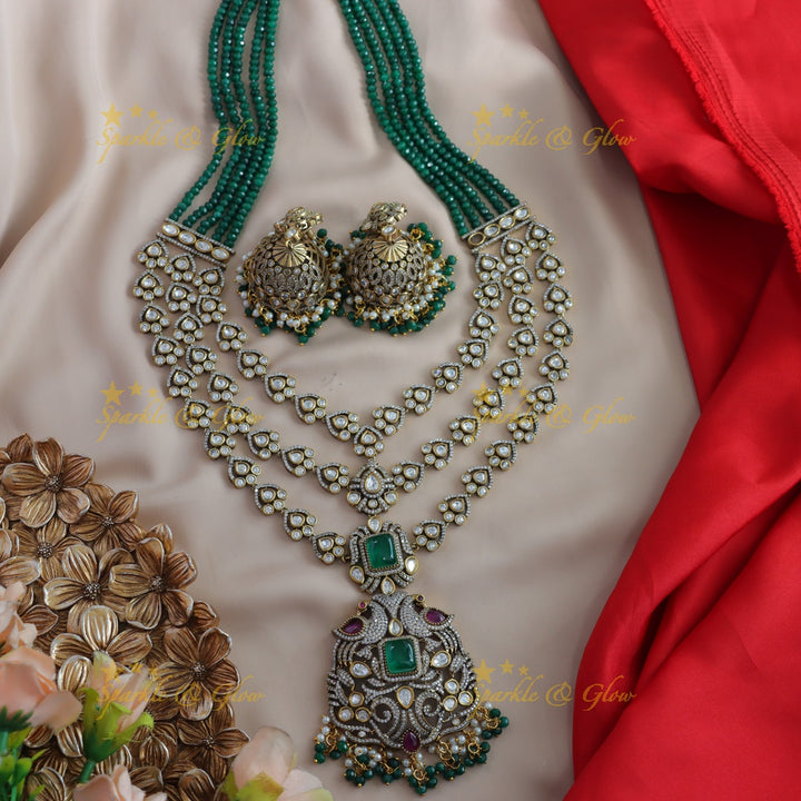 Grand Multilayered beaded peacock pendant carved victorian AD haram