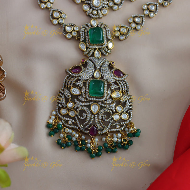 Grand Multilayered beaded peacock pendant carved victorian AD haram