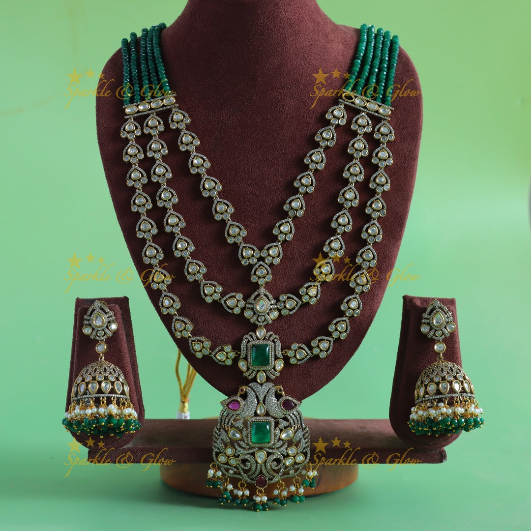 Grand Multilayered beaded peacock pendant carved victorian AD haram