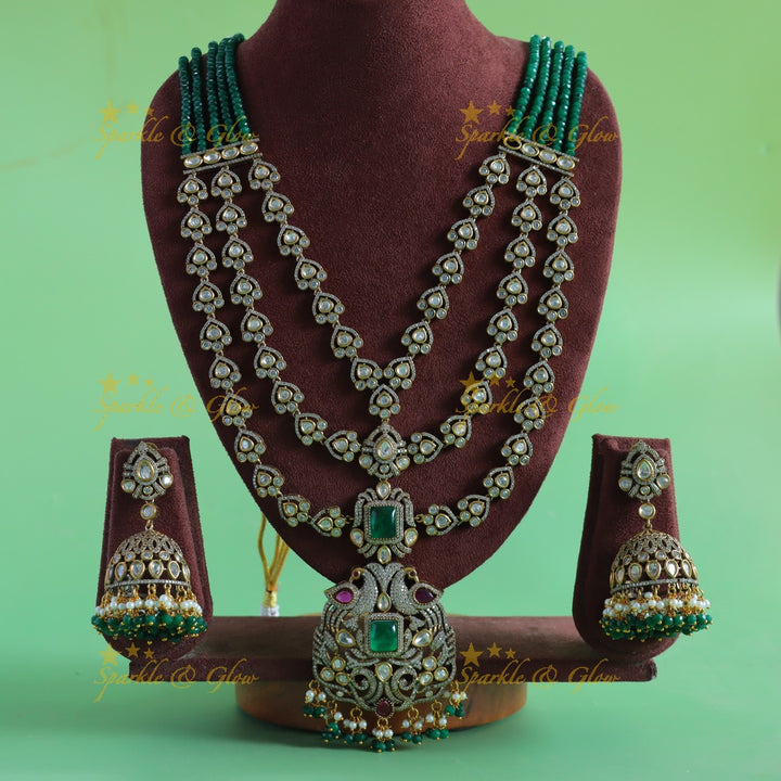 Grand Multilayered beaded peacock pendant carved victorian AD haram