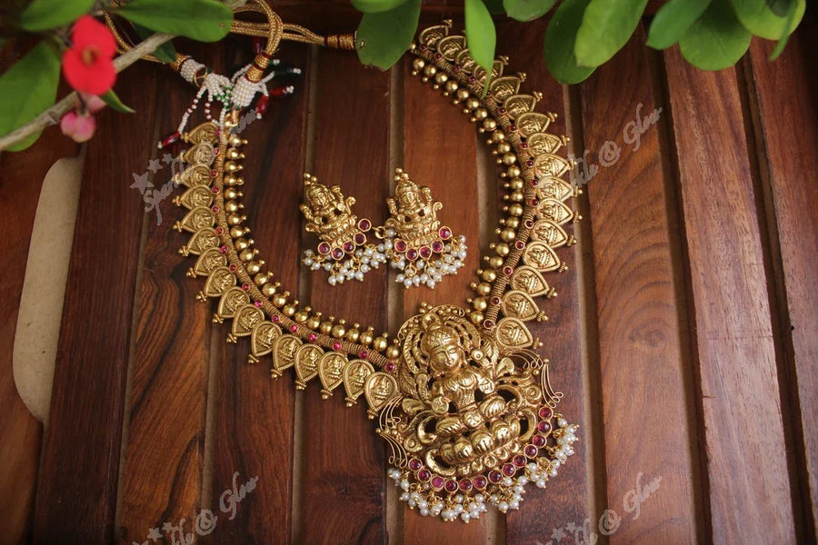 Gold alike antique mango necklace with lakshmi pendent - Pink - Sparkle and Glow