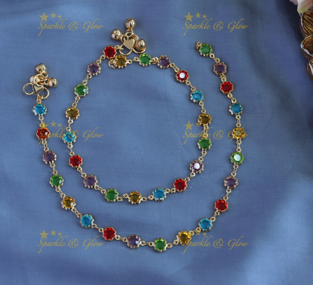 Sparkling Navarathna Colour Flower design Anklet