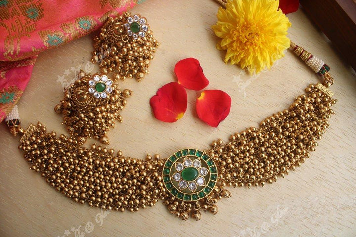 Elegant Gold high neck choker with kemp stones pendent -Green White - Sparkle and Glow