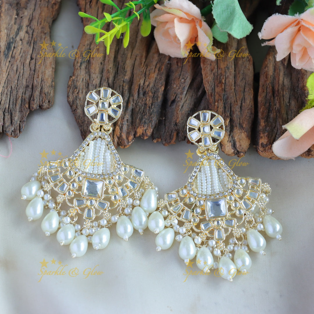Elegant Floral kundan stone Earrings with pearl drops