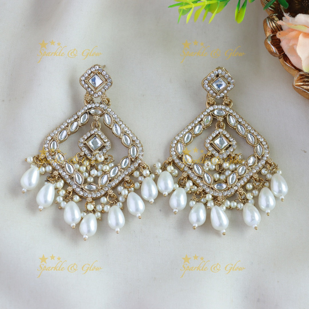 Beautiful Diamond shape kundan stone Earrings with pearl drops