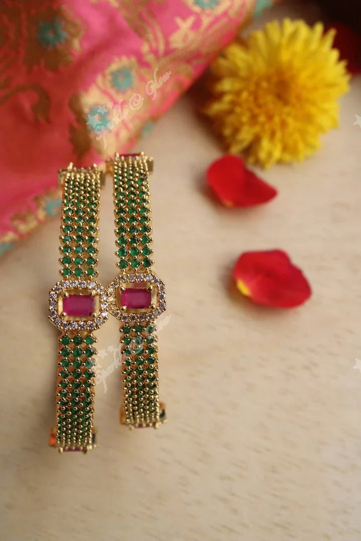 Gold Polished AD Stones bangles a Pair -Green - 2.4 - Sparkle and Glow