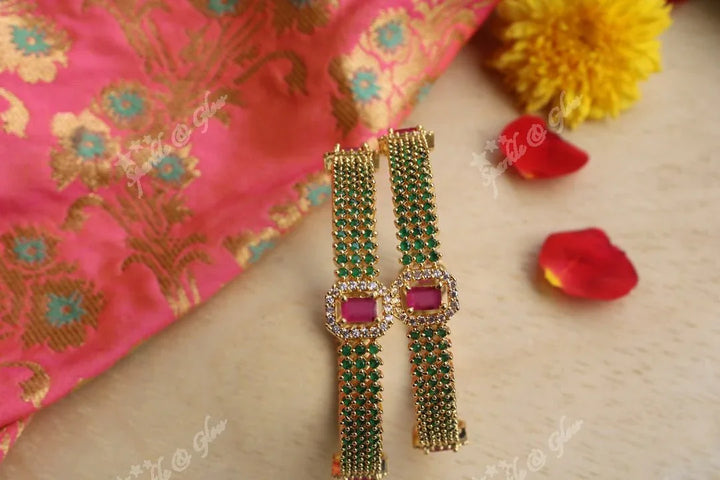 Gold Polished AD Stones bangles a Pair -Green - 2.4 - Sparkle and Glow