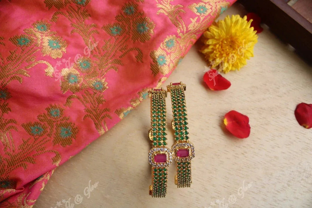 Gold Polished AD Stones bangles a Pair -Green - 2.4 - Sparkle and Glow