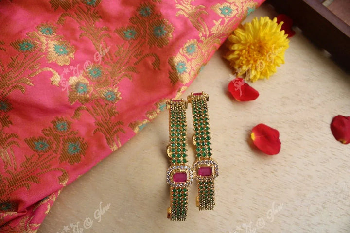 Gold Polished AD Stones bangles a Pair -Green - 2.4 - Sparkle and Glow