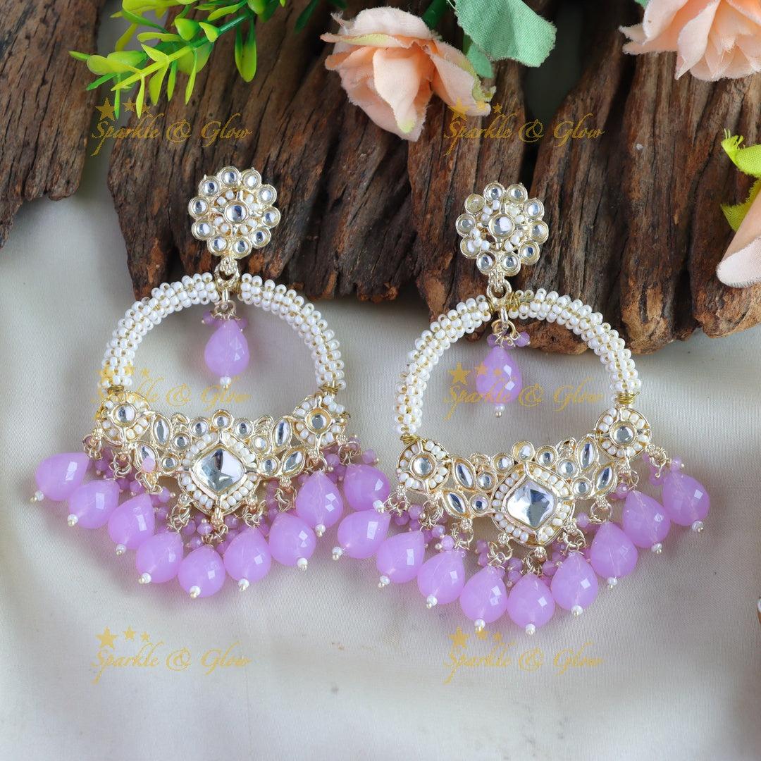 Statement Floral design kundan stone chandbalis with pearl and beads