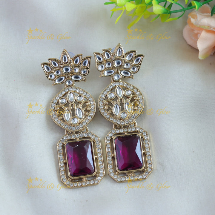 Beautiful Lotus rectangle stone kundan Earrings