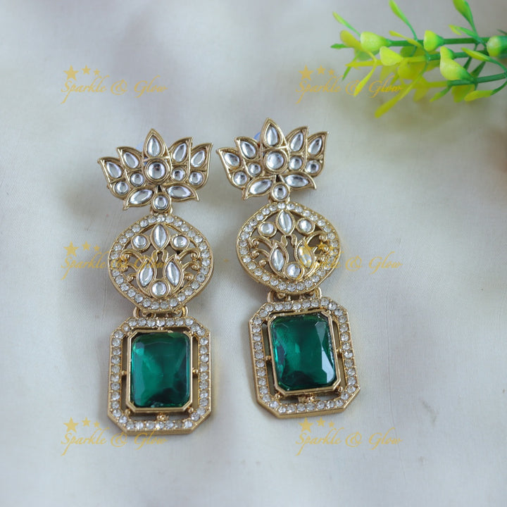 Beautiful Lotus rectangle stone kundan Earrings
