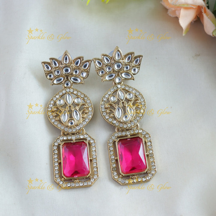 Beautiful Lotus rectangle stone kundan Earrings