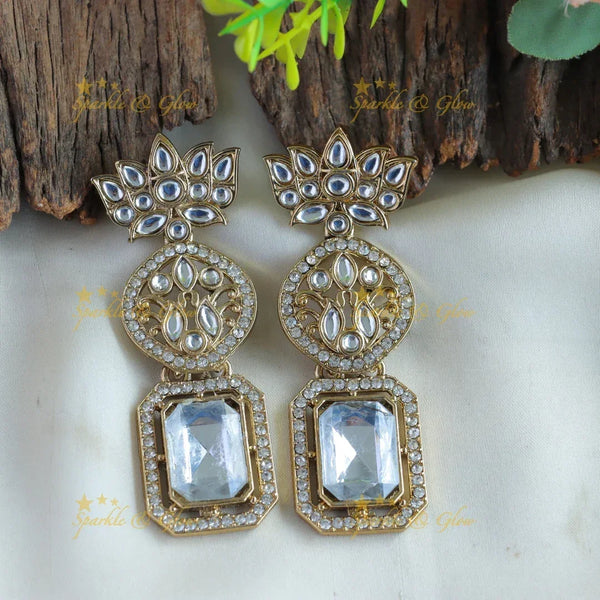 Beautiful Lotus rectangle stone kundan Earrings - Sparkle and Glow