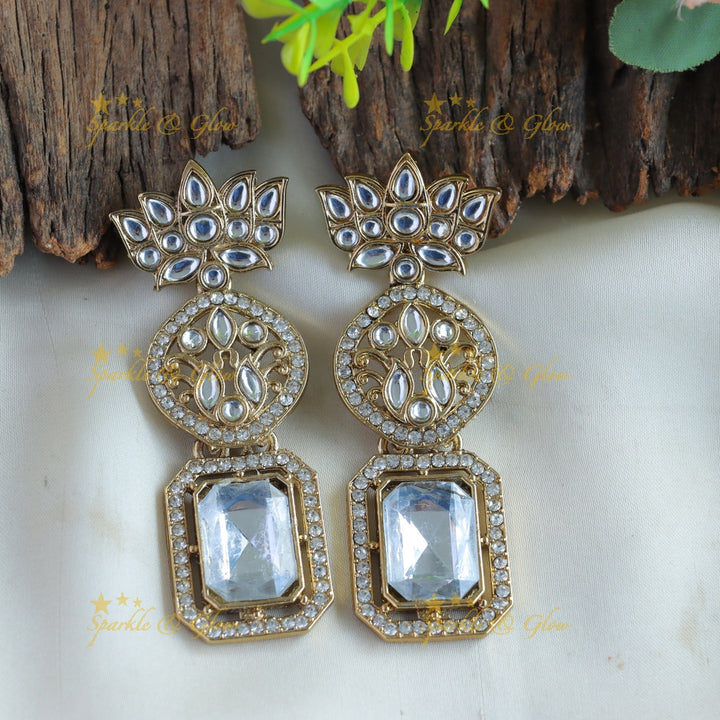 Beautiful Lotus rectangle stone kundan Earrings