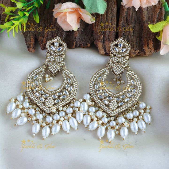 Elegant Leaf design kundan stone Balis with pearl drops