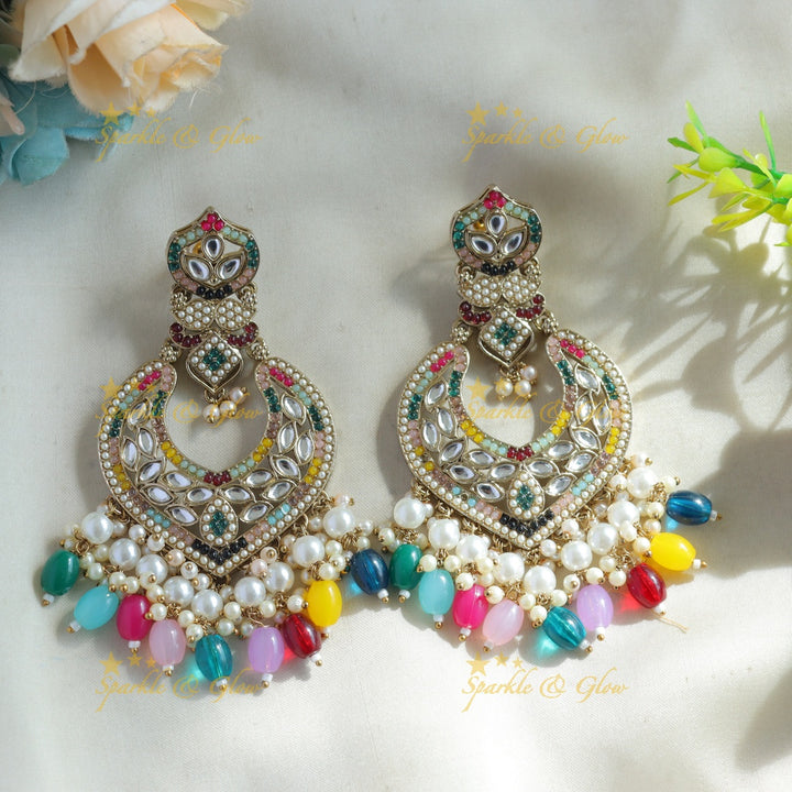 Elegant Leaf design kundan stone Balis with pearl drops