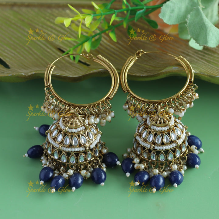 Sparkling Kundan Floral Hoop jhumukas with blue beads